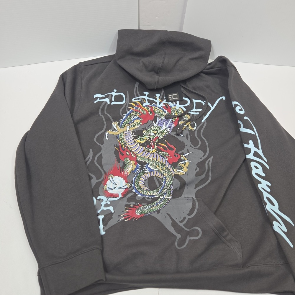 Ed Hardy Dragon Hoodie Mens Large Charcoal Grey Y2K Tattoo Pullover NWT...
